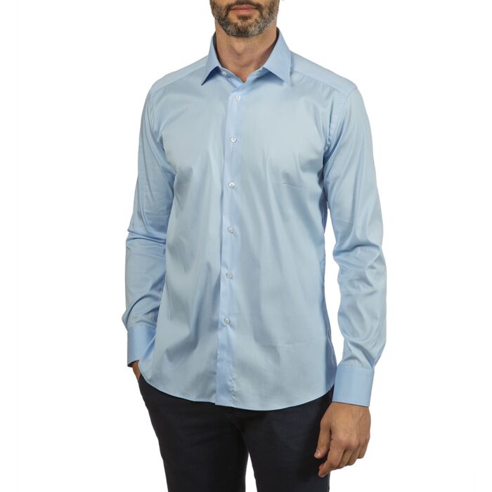 Popeline stretch blue light shirt, semi french collar