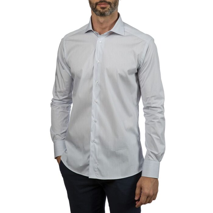 Camicia millerighe blu popeline elasticizzato, collo francese