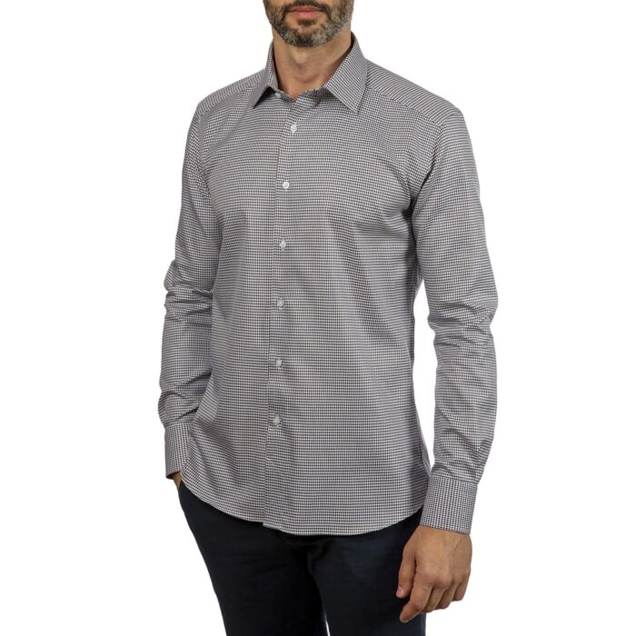 Camicia pied de poule blu marrrone twill, collo semi francese