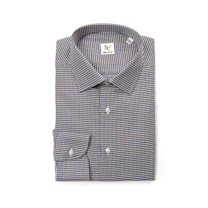 Camicia pied de poule blu marrrone twill, collo semi francese - immagine 2