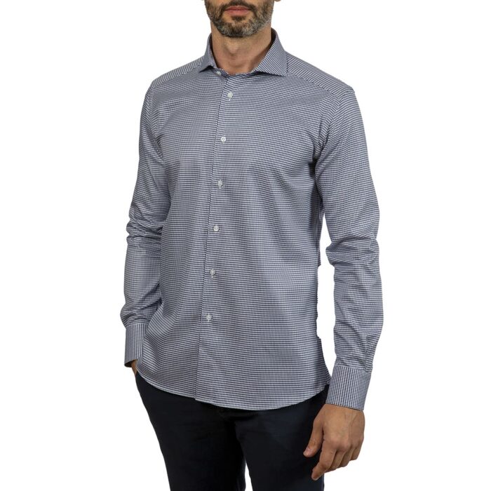 Twill pied de poule blue shirt, neapolitan collar