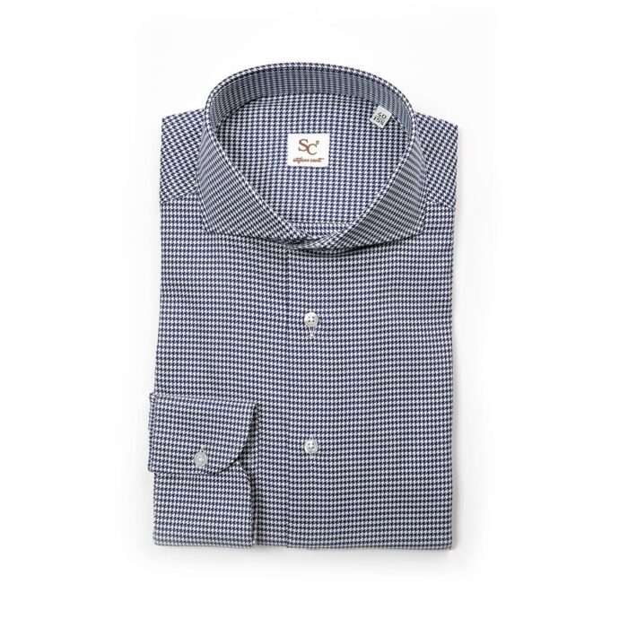 Twill pied de poule blue shirt, neapolitan collar - Image 2