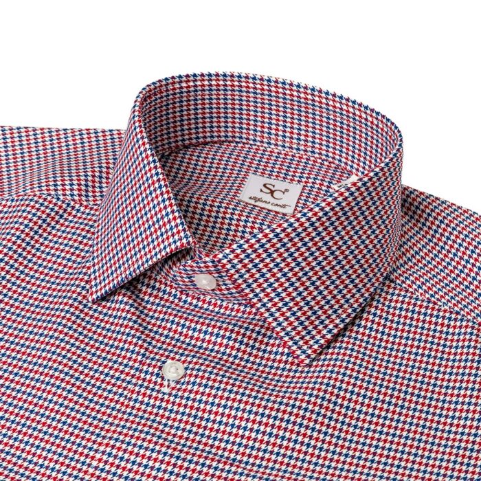 Twill pied de poule red blue shirt, semi french collar - Image 3