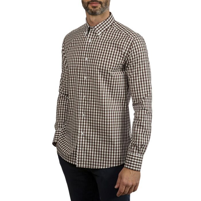 Brown poplin checked shirt, button down collar