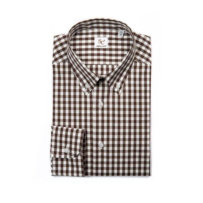 Brown poplin checked shirt, button down collar - Image 2