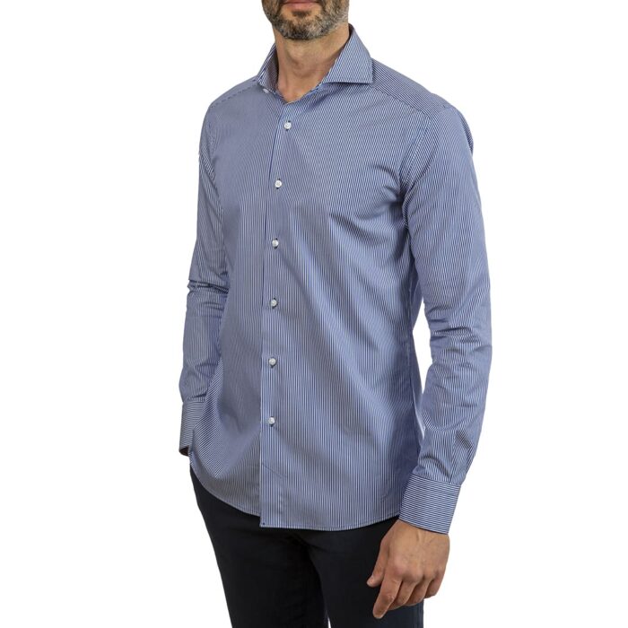 Blue popeline striped shirt, napoli neck