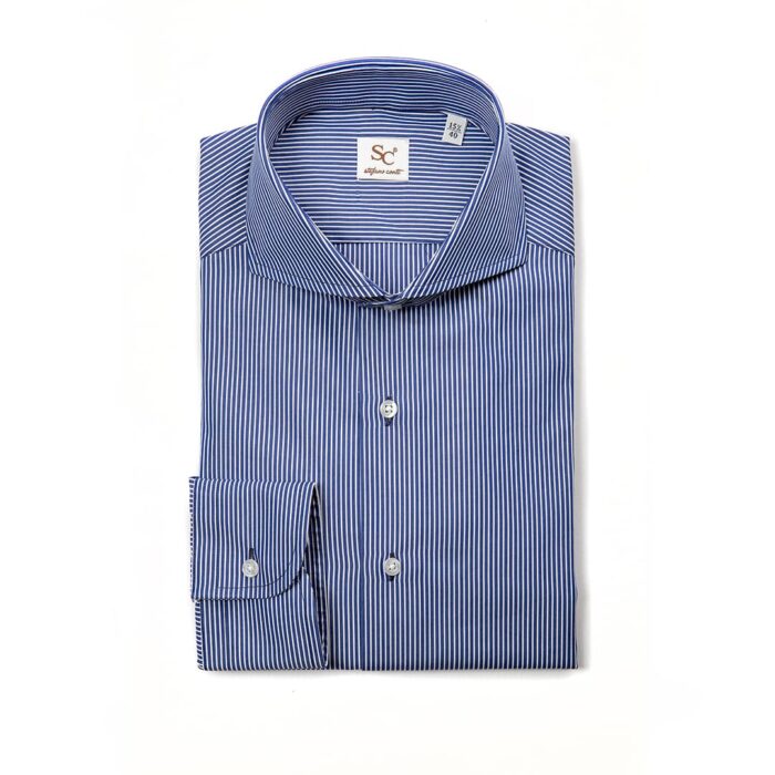 Blue popeline striped shirt, napoli neck - Image 2