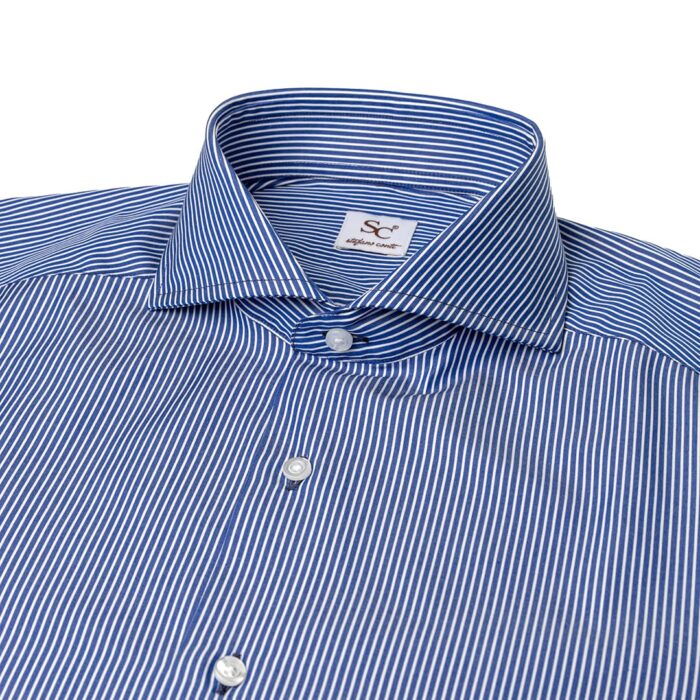 Blue popeline striped shirt, napoli neck - Image 3