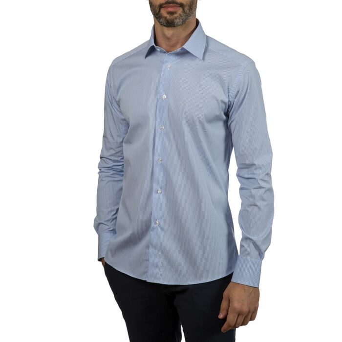 Popeline stretch blue light striped shirt, semi french collar