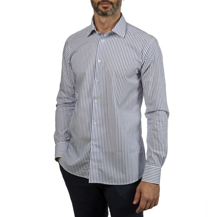 Popeline striped blue shirt, semi french collar