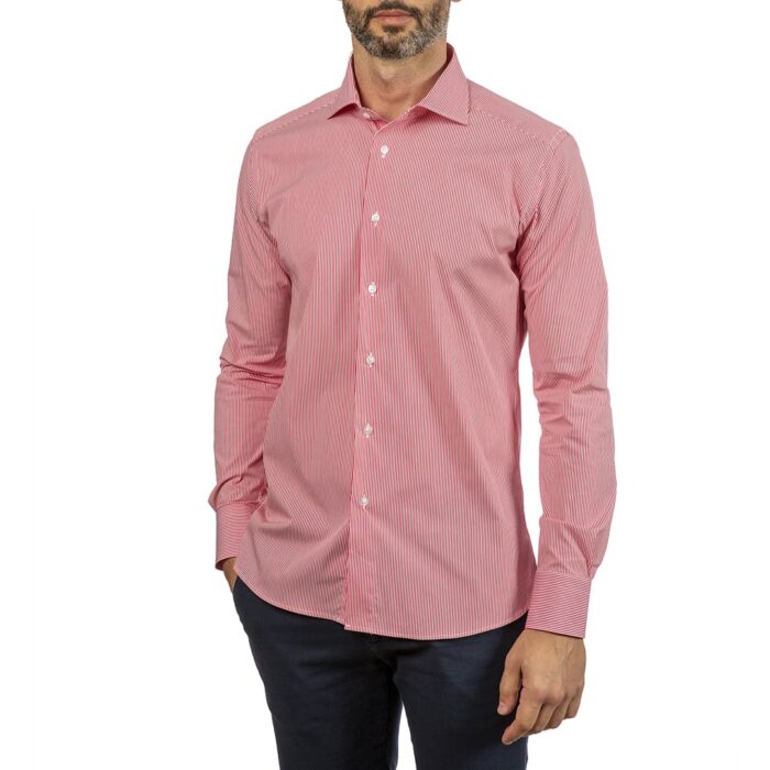 Camicia righe rosse popeline elasticizzato, collo francese